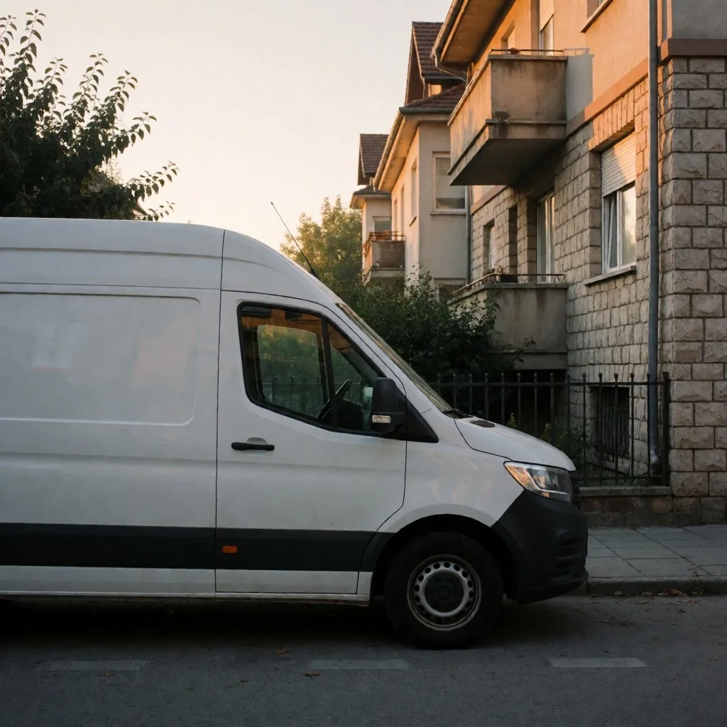 Kurirsko vozilo na mirnoj beogradskoj ulici u jutarnjem svetlu